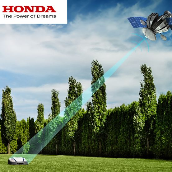 Eine Illustration eines Satelliten, der mit einem Rasenmäher auf einem Rasen mit Bäumen verbunden ist. Honda-Logo oben.