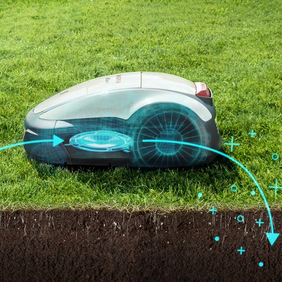 Ein Bild eines robotergesteuerten Rasenmähers auf einem grünen Rasen mit Pfeilen, die auf seine Funktionen zeigen und seine Funktionalität anzeigen.