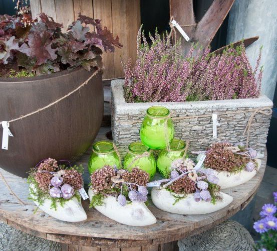 Ein Holztisch mit einem braunen Topf mit lila Blättern, einem weißen Topf mit rosa Blüten, grünen Gläsern und vier weißen Schuhen mit Blumen.