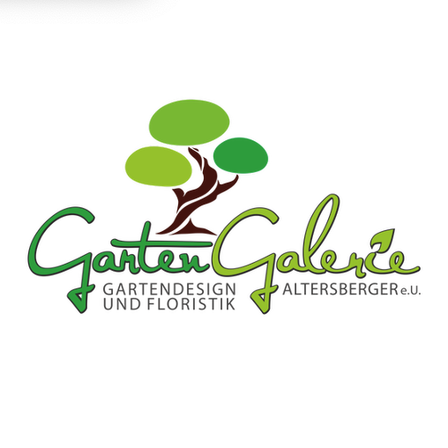 Das Logo für GartenGalerie, ein Unternehmen für Gartengestaltung und Floristik, zeigt einen grünen Baum mit stilisiertem Text. Die Website ist Altersberger.eu.