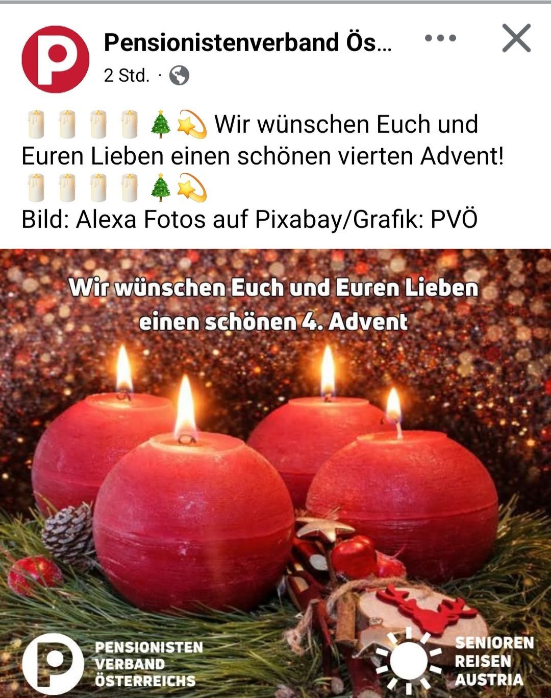 Ein Bild von vier roten Kerzen mit brennenden Flammen, umgeben von Tannenzapfen und Grünpflanzen, mit dem Text 'Wir wünschen Euch und Euren Lieben einen schönen 4. Advent'. Darunter steht ein Hinweis 'Bild: Alexa Fotos auf Pixabay/Grafik: PVÖ'.