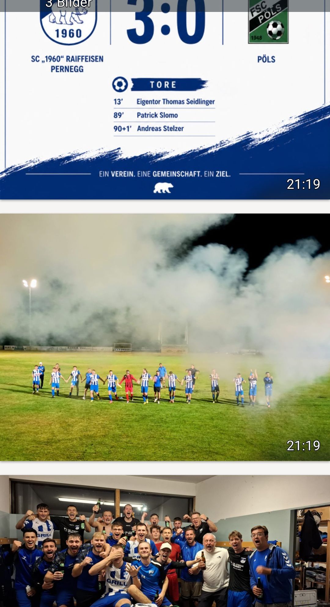 Eine Fußballmannschaft steht auf einem Feld mit Rauch, der aus dem Boden kommt, und hält sich an den Händen. Die angezeigte Zeit ist 21:19.