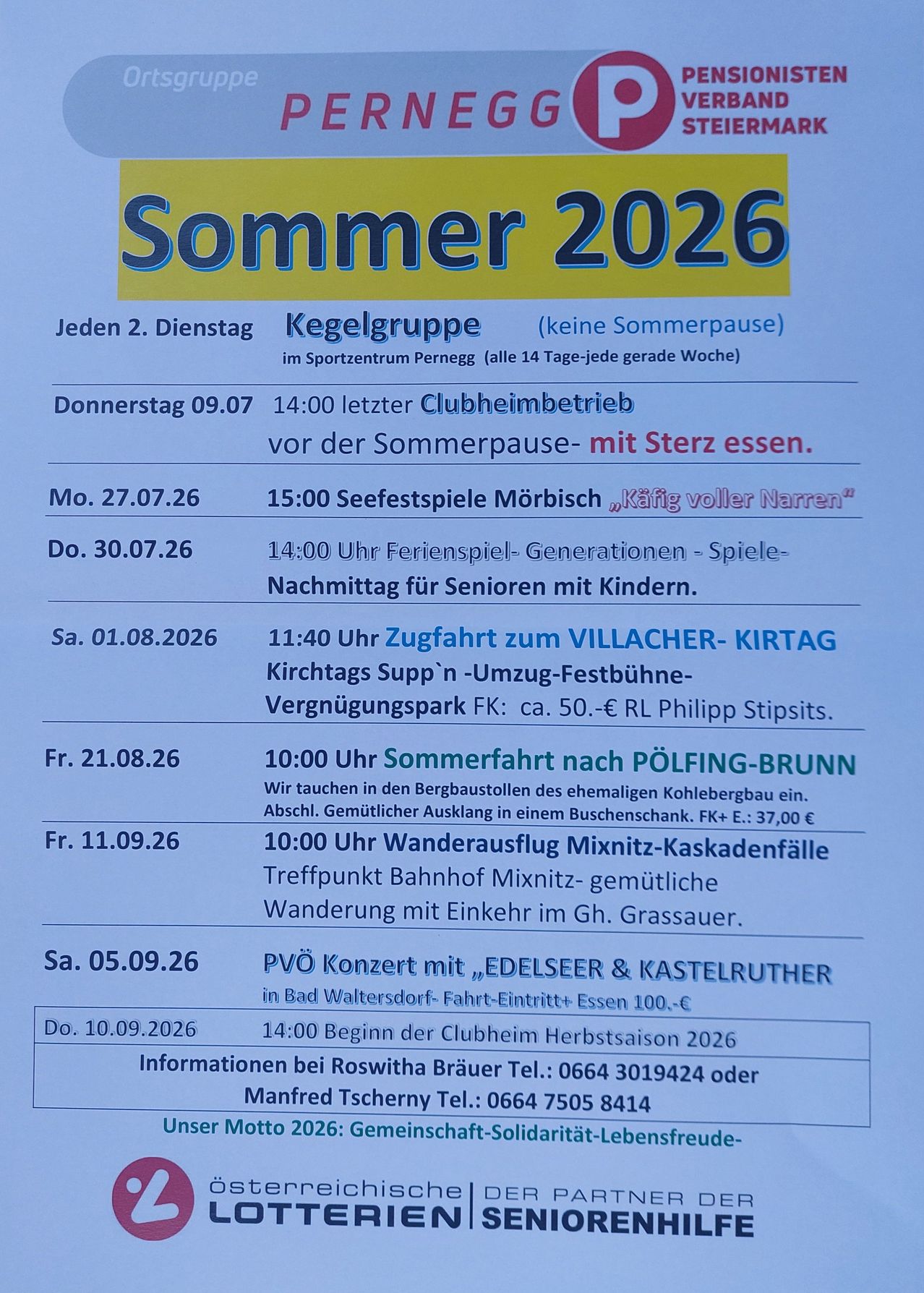 Das Dokument listet eine Reihe von Veranstaltungen für den Sommer 2026 auf. Zu den Aktivitäten gehören Bowling an jedem zweiten Dienstag, eine Clubheimaktivität am Donnerstag und verschiedene thematische Veranstaltungen an bestimmten Terminen, wie ein Seafood-Festival, Seniorenspiele und ein Konzert. Jede Veranstaltung hat spezifische Details und Gebühren.