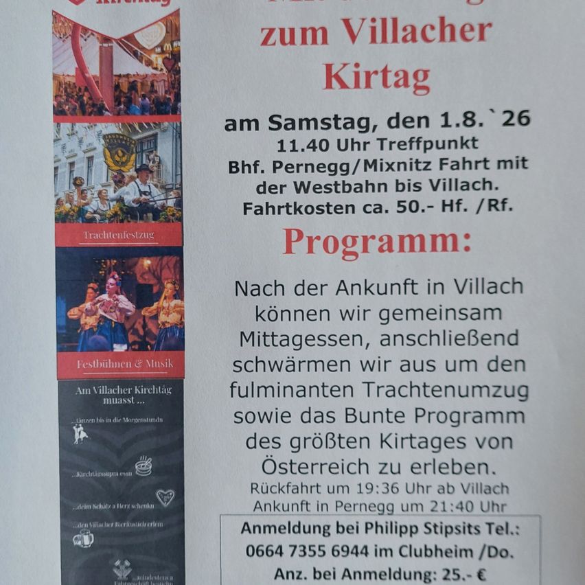 Ein Plakat für das Villacher Festival mit Details zur Veranstaltung am 1. August 2026, einschließlich Transport, Zeitplan und Anmeldeinformationen.