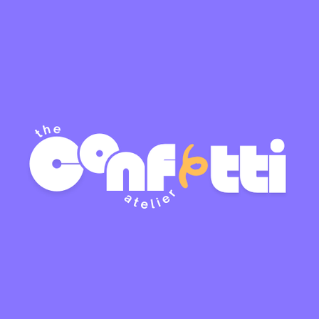 Das Logo für Confetti Atelier, auf einem lila Hintergrund dargestellt, zeigt das Wort 'Confetti' in einer verspielten Schriftart mit einem dekorativen Punkt und 'Atelier' darunter.