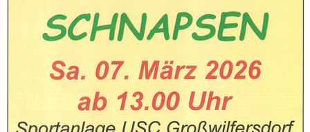 Poster for a Schnapsen card game event in Grosswilfersdorf on March 7, 2026, starting at 13:00. Location: USC Grosswilfersdorf sports hall. Ticket price: 5 Euros.