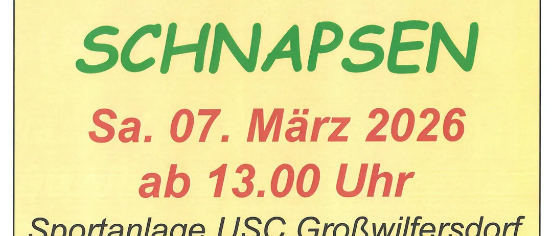 Plakat für ein Schnapsen-Kartenspiel-Event in Großwilfersdorf am 7. März 2026, Beginn um 13:00 Uhr. Ort: USC Großwilfersdorf Sporthalle. Kartenpreis: 5 Euro.