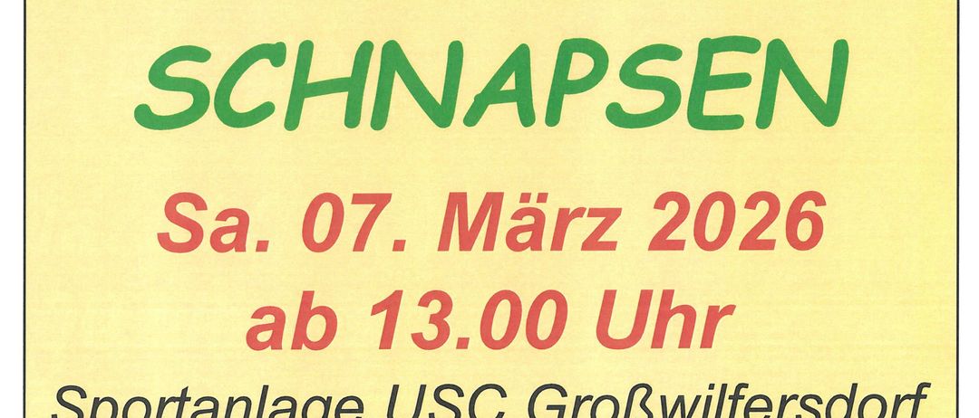 Plakat für ein Schnapsen-Kartenspiel-Event in Großwilfersdorf am 7. März 2026, Beginn um 13:00 Uhr. Ort: USC Großwilfersdorf Sporthalle. Kartenpreis: 5 Euro.