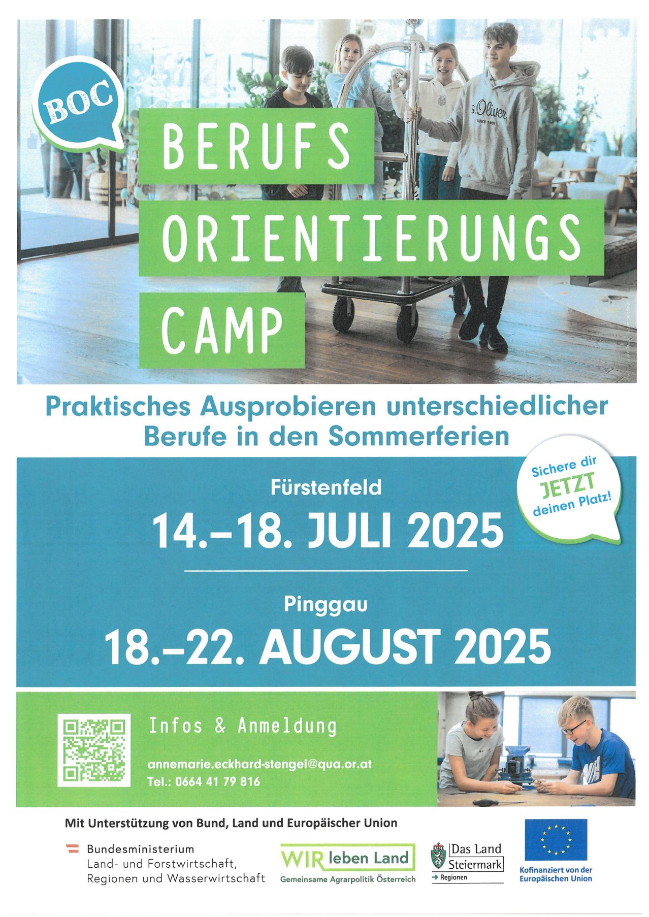 Plakat für ein Berufsorientierungscamp während der Sommerferien. Es enthält Termine, Orte und einen QR-Code für die Anmeldung.