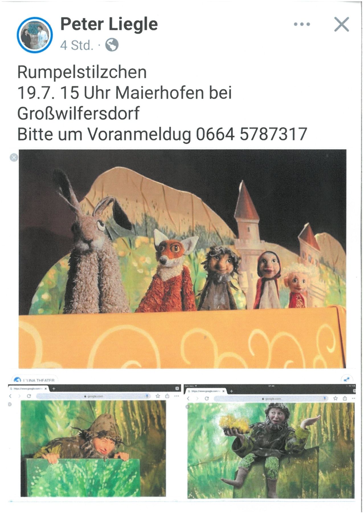 Eine Puppentheateraufführung mit einem Fuchs, einem Hasen und anderen Charakteren. Das Datum und die Uhrzeit sind der 19. Juli um 15 Uhr in Maierhofen bei Großwilfersdorf. Bitte um Reservierung unter 0664 5787317.