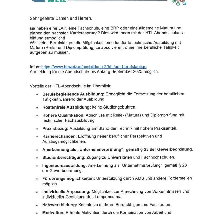 Ein Bild zeigt ein Dokument, das Informationen über die HTI-Abendschule bietet. Es erwähnt die Möglichkeit, eine technische Ausbildung zu verfolgen und gleichzeitig eine höhere Qualifikation zu erlangen, ohne die berufliche Tätigkeit aufgeben zu müssen. Vorteile sind Karrierechancen, höhere Qualifikation und Anerkennung als „Unternehmensprüfung“ nach Gesetz. Die Anmeldefrist ist Anfang September 2025.