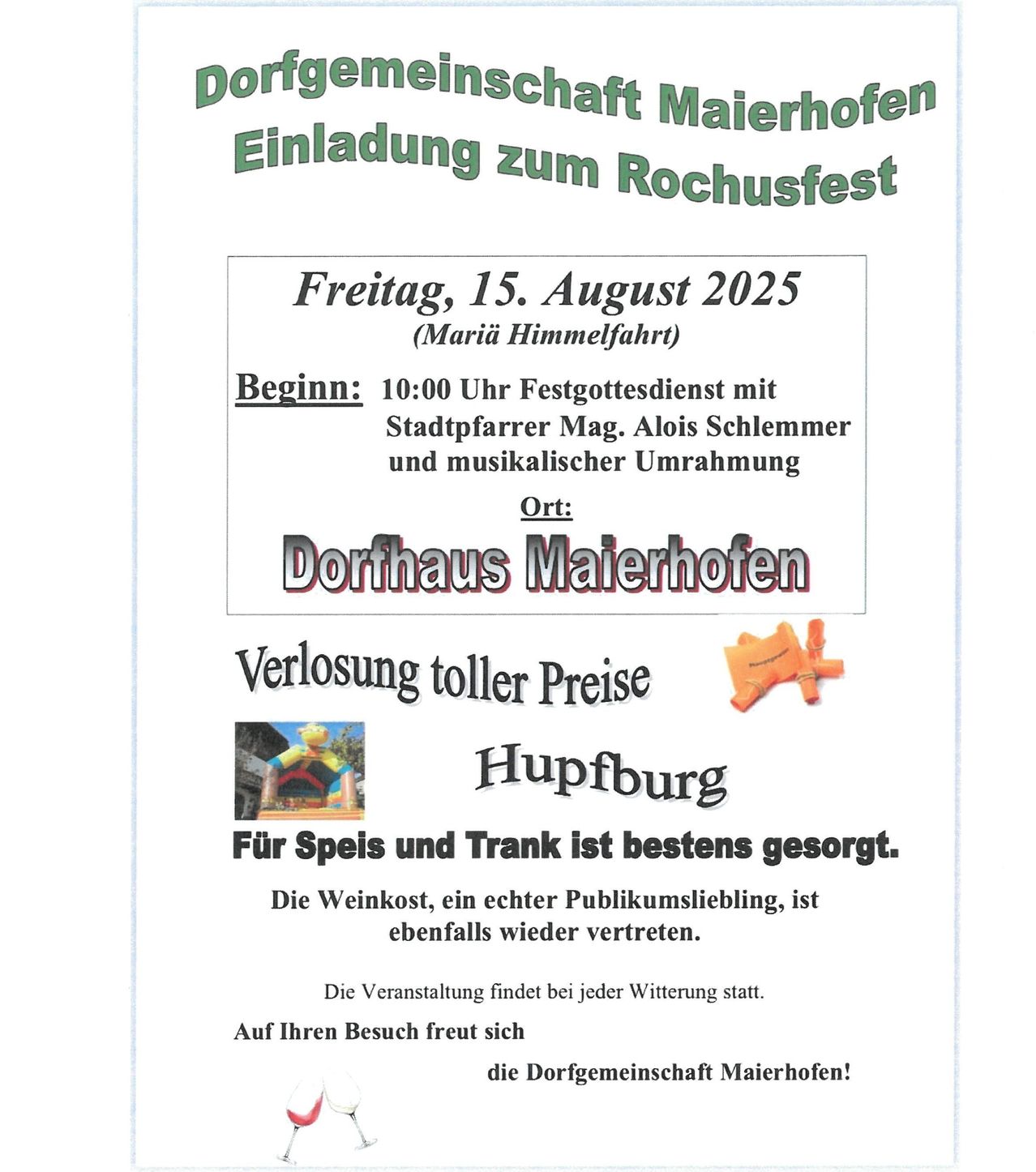 Einladung zum Walpurgisnacht-Fest der Dorfgemeinschaft Maierhofen. Datum: Freitag, 15. August 2025, Beginn um 10:00 Uhr mit festlicher Andacht, Essen, Getränke und Musik. Ort: Dorfhaus Maierhofen.