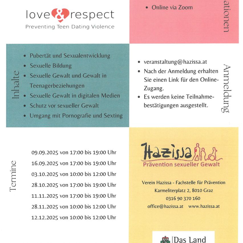 Ein Flyer für ein Webinar über die Prävention von jugendlicher Beziehungsgewalt, mit Themen wie Pubertät, sexuelle Entwicklung und Gewalt in Teenagerbeziehungen. Er enthält Termine und Uhrzeiten für Online-Sitzungen.