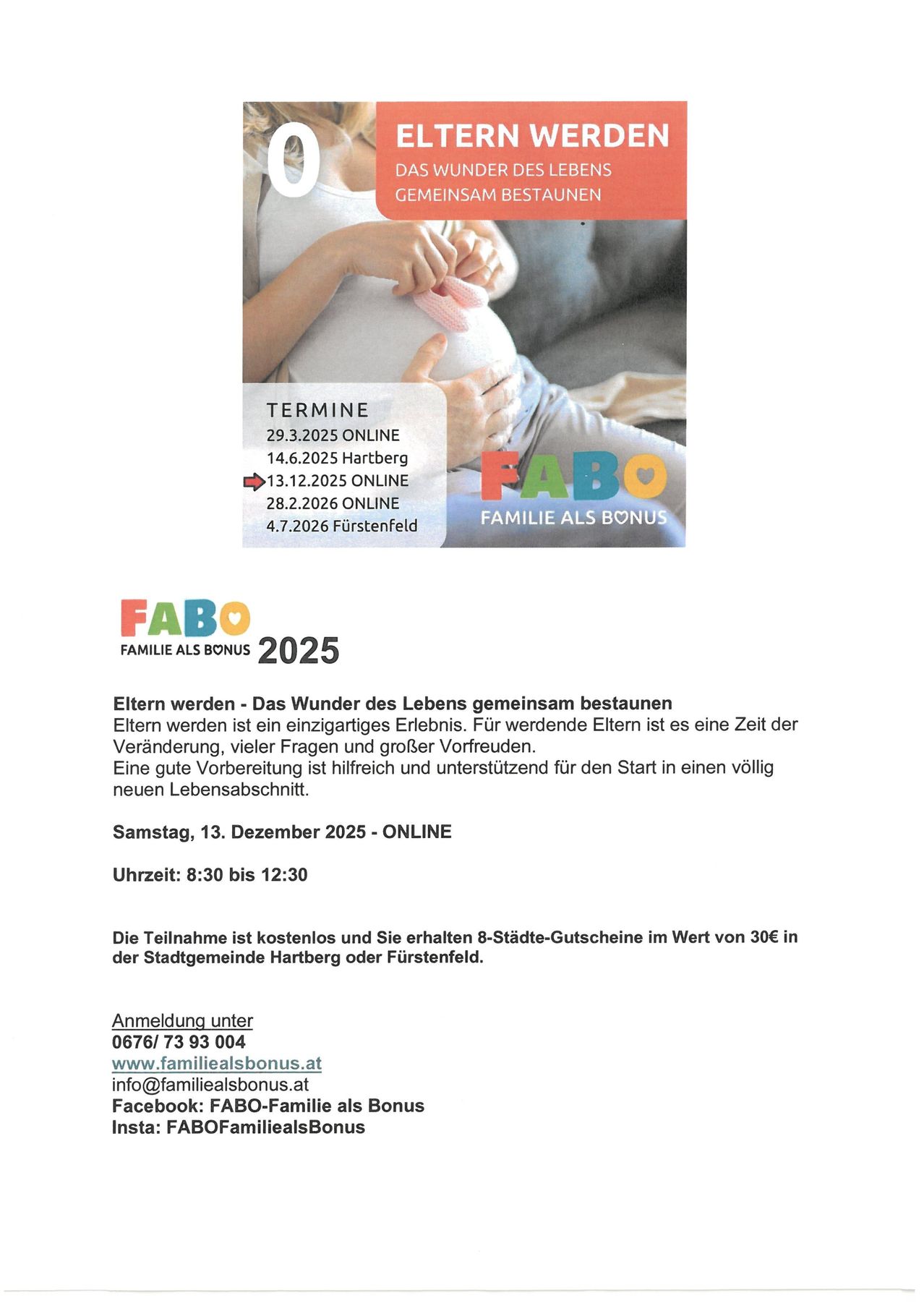 Werbung für einen Elternworkshop, mit dem Titel 'Eltern werden' im Jahr 2025. Es zeigt Termine und Orte für die Workshops, zusammen mit dem Slogan 'Familie als Bonus.' Das Bild zeigt eine schwangere Frau, die ein Baby hält.