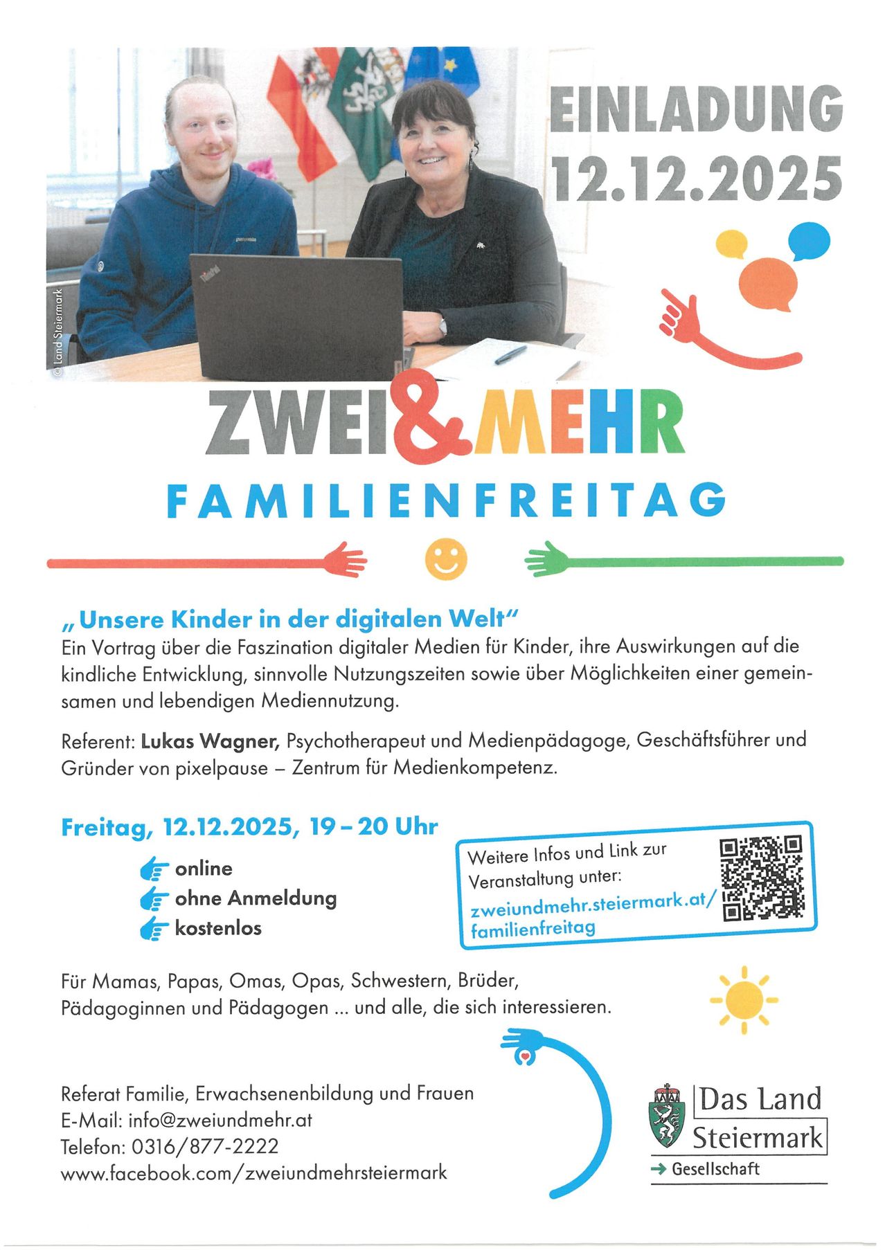Plakat für Zwei&Mehr Familienfreitag am 12.12.2025 mit Vortrag über digitale Medien und ihre Auswirkungen auf Kinder. Online, keine Anmeldung erforderlich, kostenlos. Gehostet von Lukas Wagner.