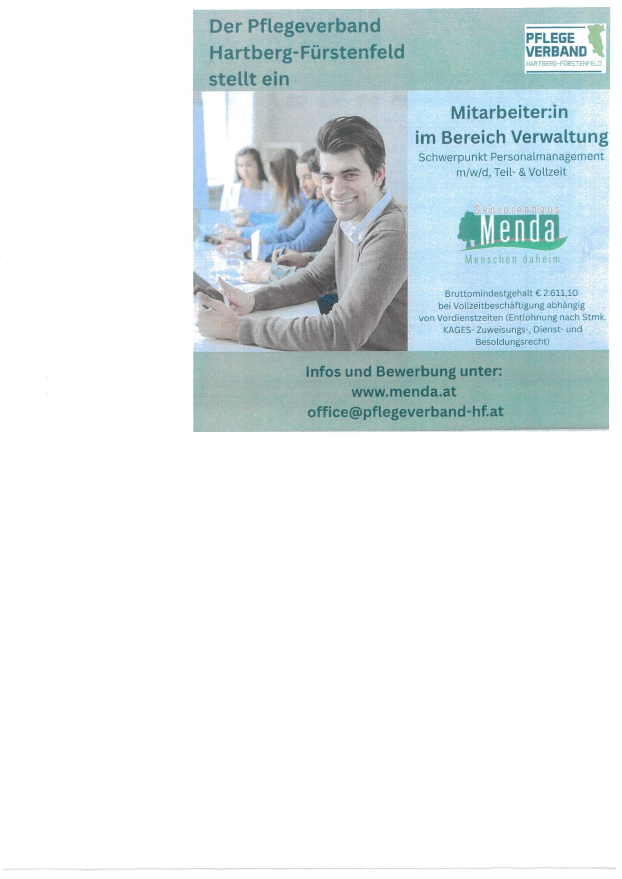Eine Anzeige für Menda Seniorenheim zeigt einen Mann und mehrere Frauen. Es werden Dienstleistungen in Verwaltung, Personalmanagement und Vollzeit-/Teilzeitbetreuung hervorgehoben. Kontaktinformationen sind angegeben.