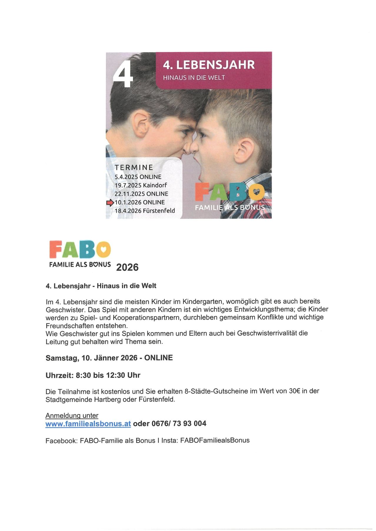 Veranstaltungsplakat für FABO Familie als Bonus 2026 mit Terminen und Orten. Beinhaltet Teilnahmedetails und Kontaktdaten. Die Veranstaltung ist kostenlos mit Anmeldung.