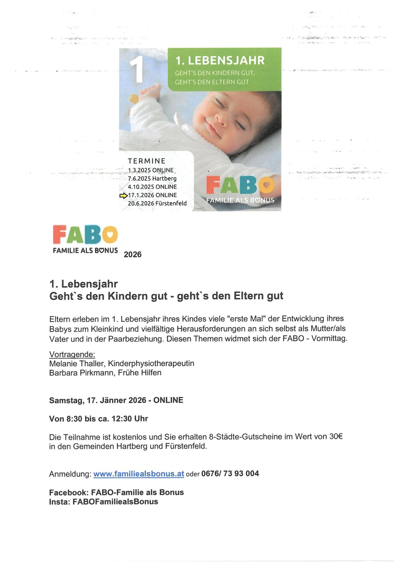 Ein Flyer für einen FABO Online-Vortrag mit dem Titel '1. Lebensjahr Geht s den Kindern gut - geht s den Eltern gut'. Er zeigt ein schlafendes Baby und eine Liste mit Terminen und Rednern.