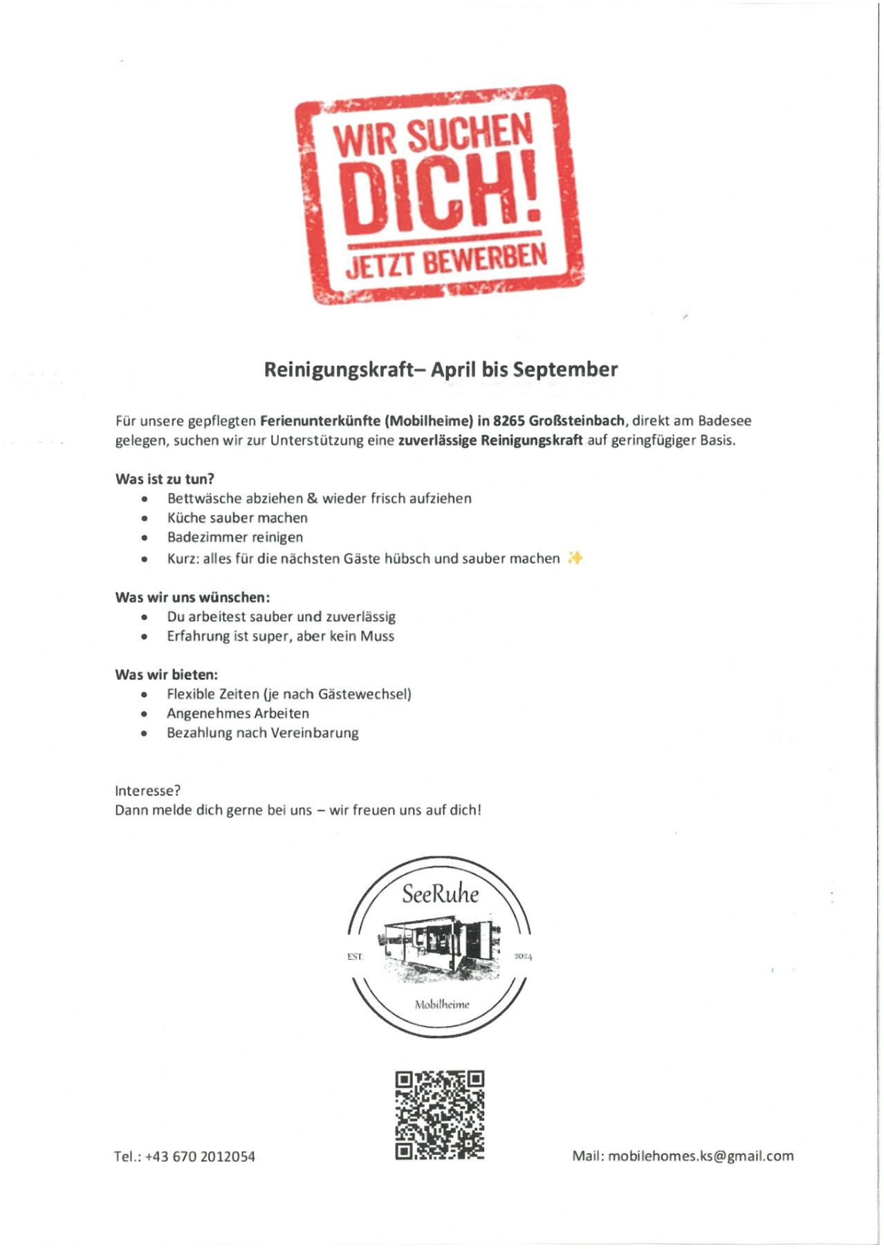 Ein Stellenausschreibungsposter sucht eine Reinigungskraft für Ferienunterkünfte in Großsteinbach, April bis September. Aufgaben umfassen das Waschen von Bettwäsche, Küchenreinigung, Badreinigung und die Vorbereitung für Gäste. Flexible Zeiten und gute Bezahlung. Kontakt: SeeRuhe.