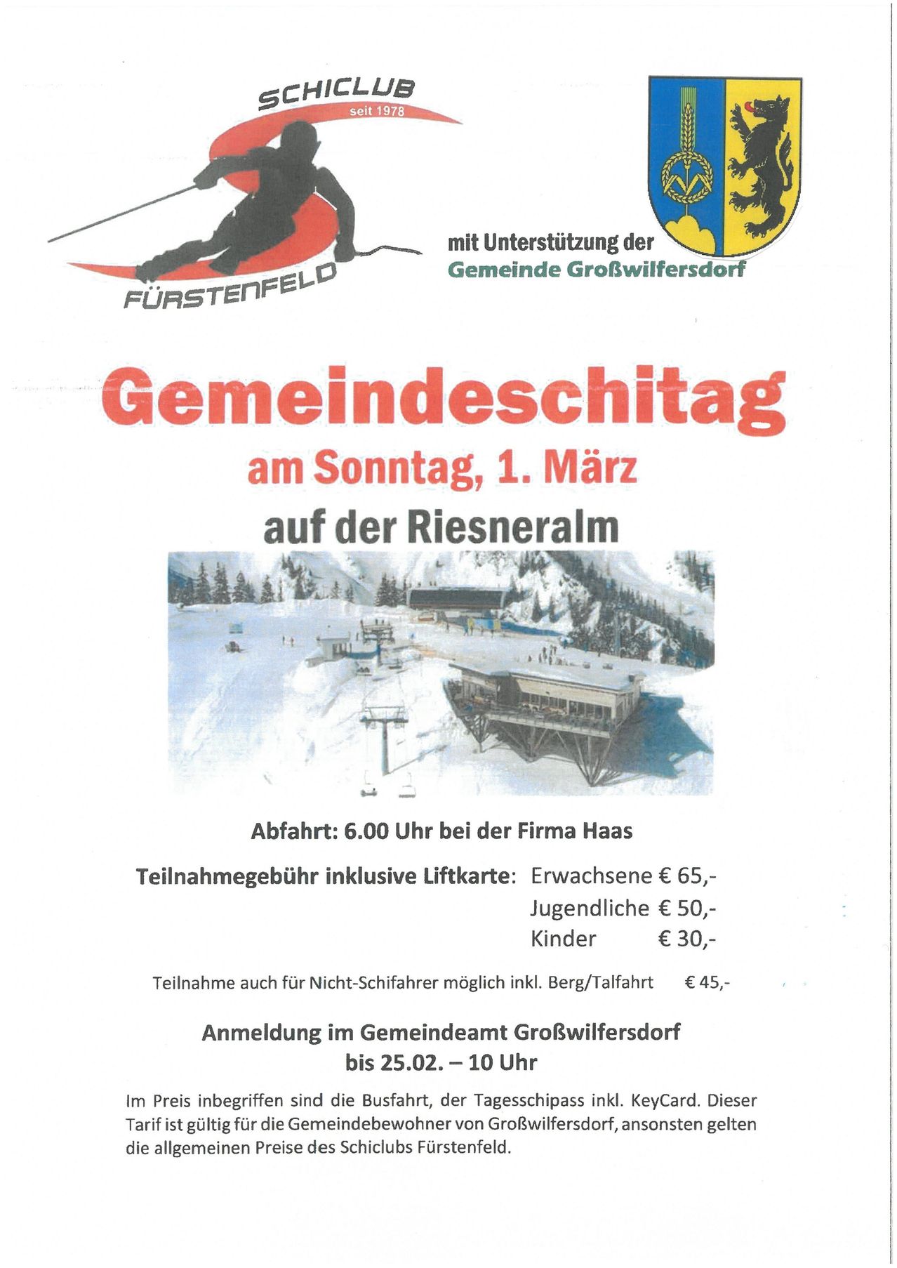 Plakat für Gemeindeschitag am 1. März. Veranstaltung auf der Riesneralm. Abfahrt um 18:00 Uhr. Ticketpreise: Erwachsene €65, Jugendliche €50, Kinder €30. Anmeldeschluss 25.02.
