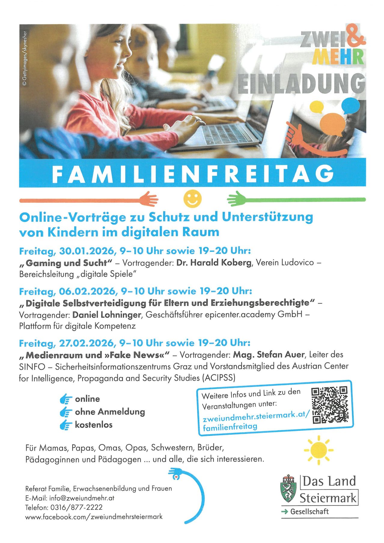 Plakat für Online-Vorträge zum Schutz und zur Unterstützung von Kindern im digitalen Raum. Drei Termine am 30. Januar, 6. Februar und 27. Februar 2026. Kostenlos und ohne Anmeldung. QR-Code für weitere Informationen.