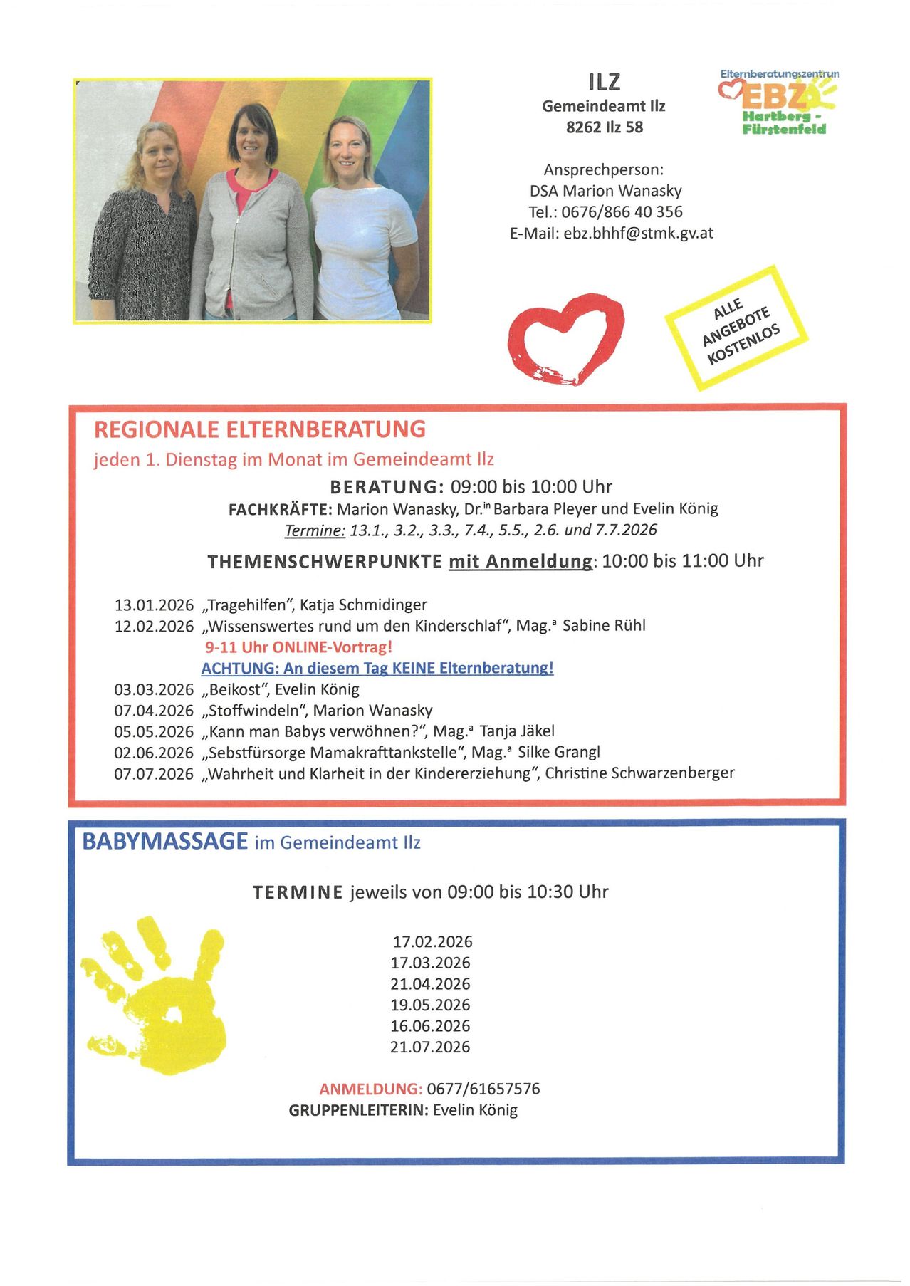 Plakat mit Informationen über regionale Elternberatung in Illz, jeden ersten Dienstag im Monat, mit Terminen und Themen. Auch Termine für Babymassagen sind aufgeführt. Kontaktinformationen für Marion Wanasky werden bereitgestellt.