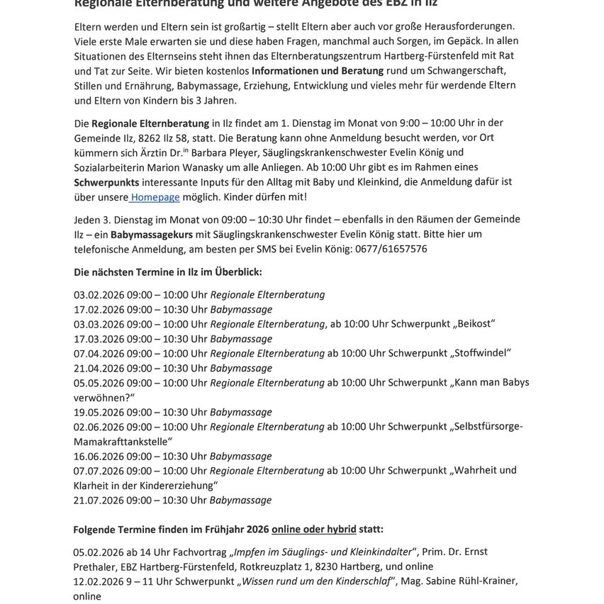 Das Bild beschreibt den Zeitplan für die Regionale Elternberatung und weitere Angebote des EBZ in Ilz, einschließlich Datum, Uhrzeit und Art der Sitzungen, zusammen mit Kontaktinformationen.