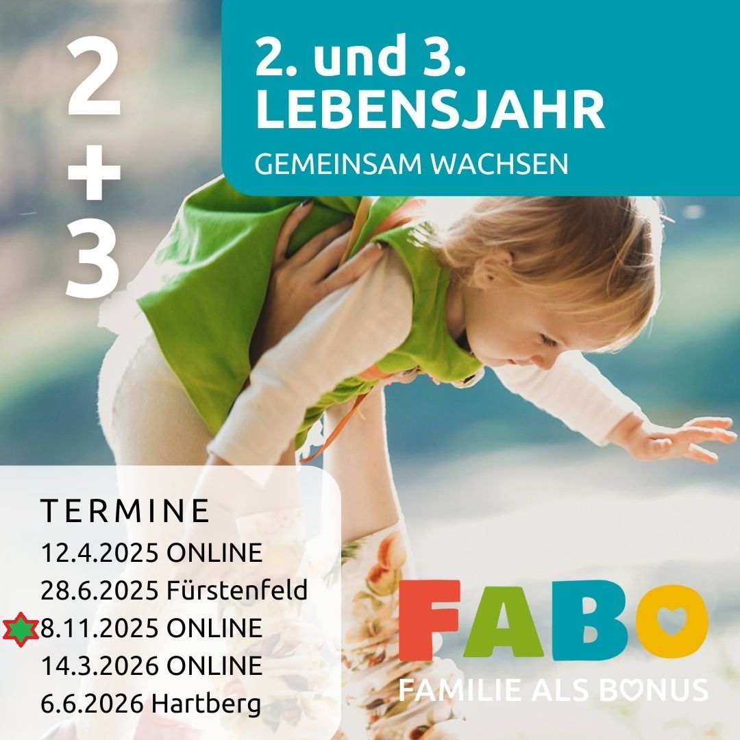 Werbeplakat für eine Familienwachstumsveranstaltung mit aufgelisteten Terminen und Orten. Das Plakat zeigt ein Kind, das gehalten wird, mit den Worten '2. und 3. Lebensjahr' und 'Gemeinsam Wachsen'.