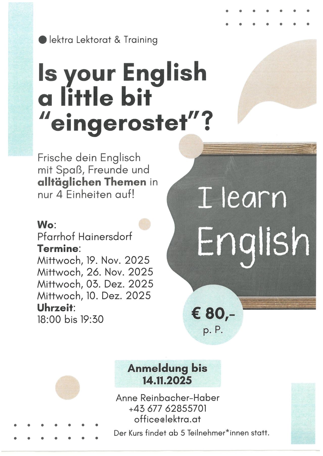 Eine Anzeige für Englischkurse. Es zeigt eine Tafel mit der Aufschrift 'I learn English'. Der Kurs findet an vier Mittwochen statt, beginnend am 19. November 2025, von 18:00 bis 19:30 Uhr. Die Kosten betragen 80 Euro.