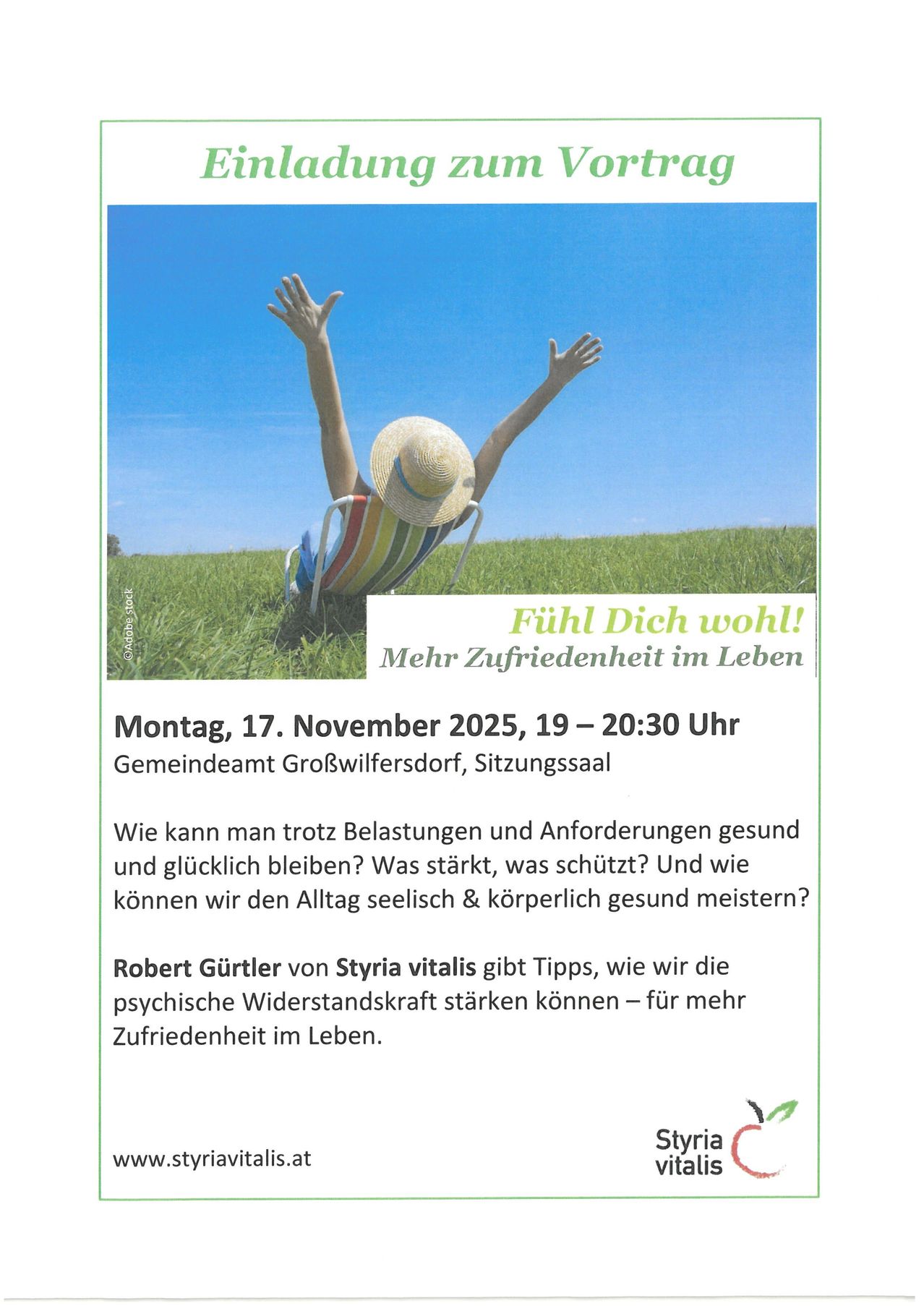 Ein Bild eines Flyers für einen Workshop zum mentalen Wohlbefinden, mit einer Person, die auf einer Liege im Gras liegt, mit erhobenen Armen, unter einem blauen Himmel. Der Flyer ist mit 'Fühl Dich wohl!' betitelt und enthält Datum und Ort.
