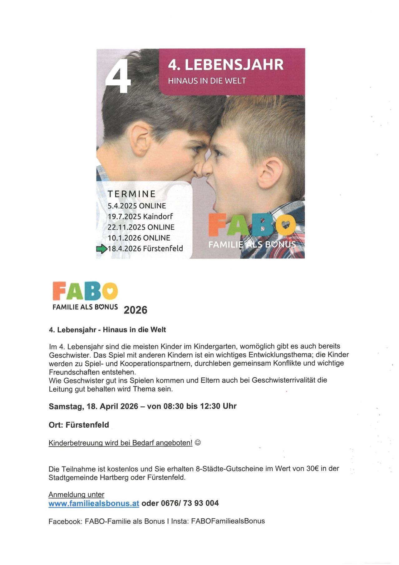 The image shows a flyer for a family event titled 'FAMILIE ALS BONUS 2026.' It includes dates for various events, such as '5.4.2025 ONLINE' and '18.4.2026 Fürsenfeld.' The flyer also features an image of two children and text discussing the importance of siblings in a child's development.