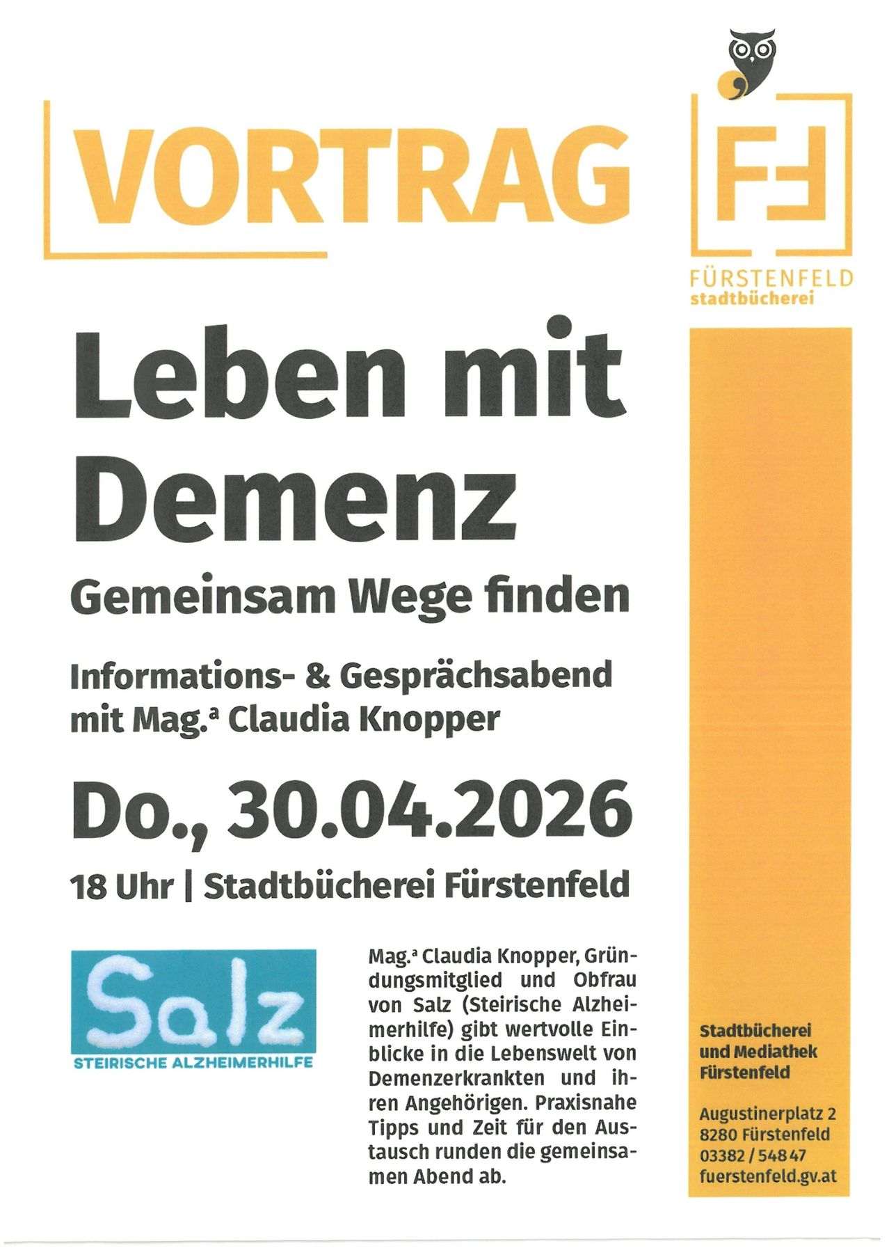 Flyer for a meeting at Stadtbibliothek Furstenfeld on 30.04.2026 at 18:00. The event is about living with dementia. Claudia Knopper, a founding member and advisor of Salz, will provide valuable insights.