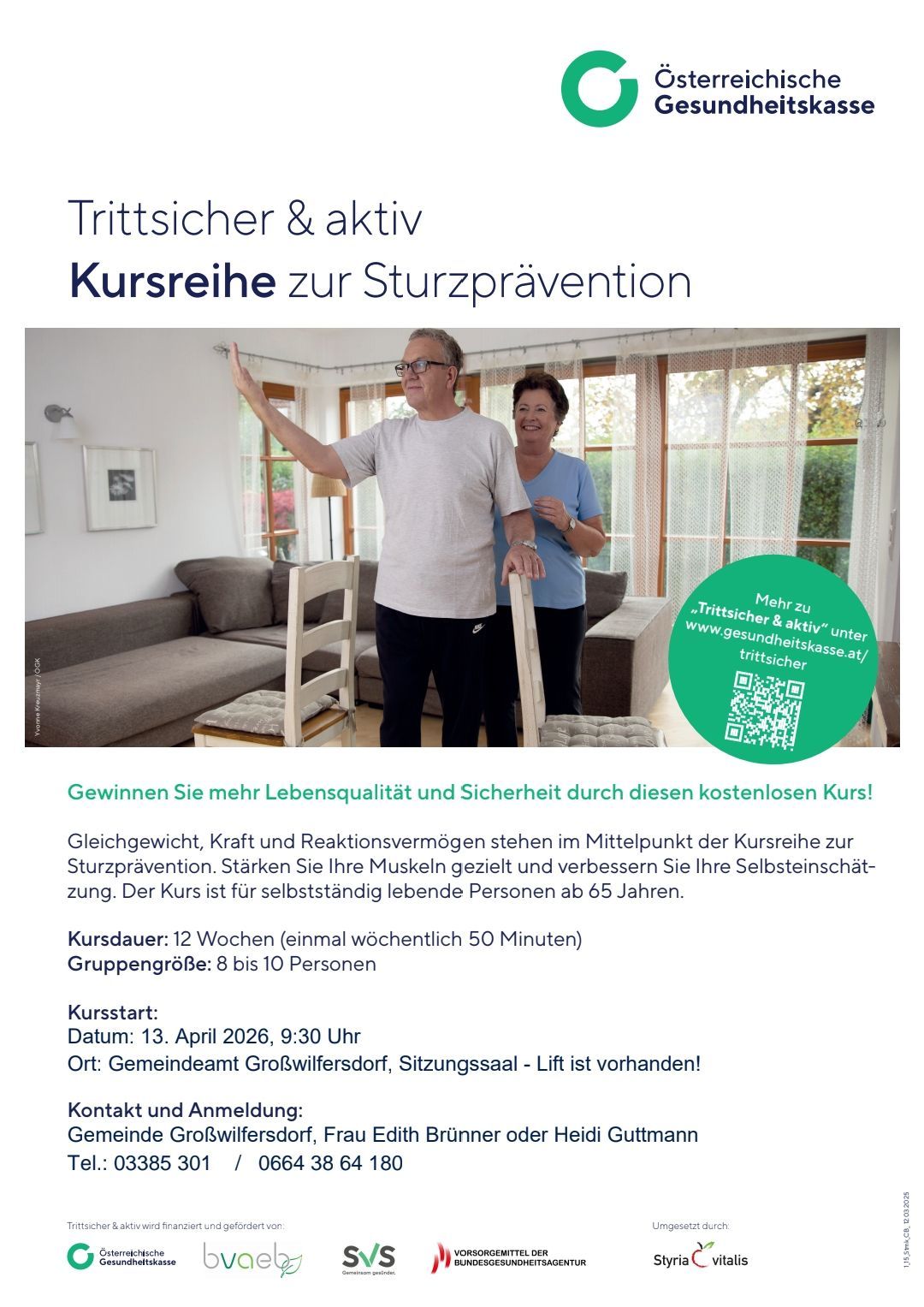 A man and a woman stand on a chair in a living room. An advertisement for a free fall prevention course is visible. The course is for people over 65 years old and includes a QR code.