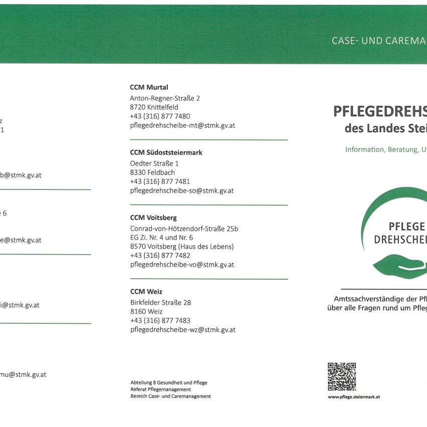 Contact details for CCM Murtal, CCM Südosteimark, CCM Voitsberg, and CCM Weiz are listed with addresses, phone numbers, and email addresses. The document also mentions Pflegedrehscheibe, a service offering information and advice on care matters.