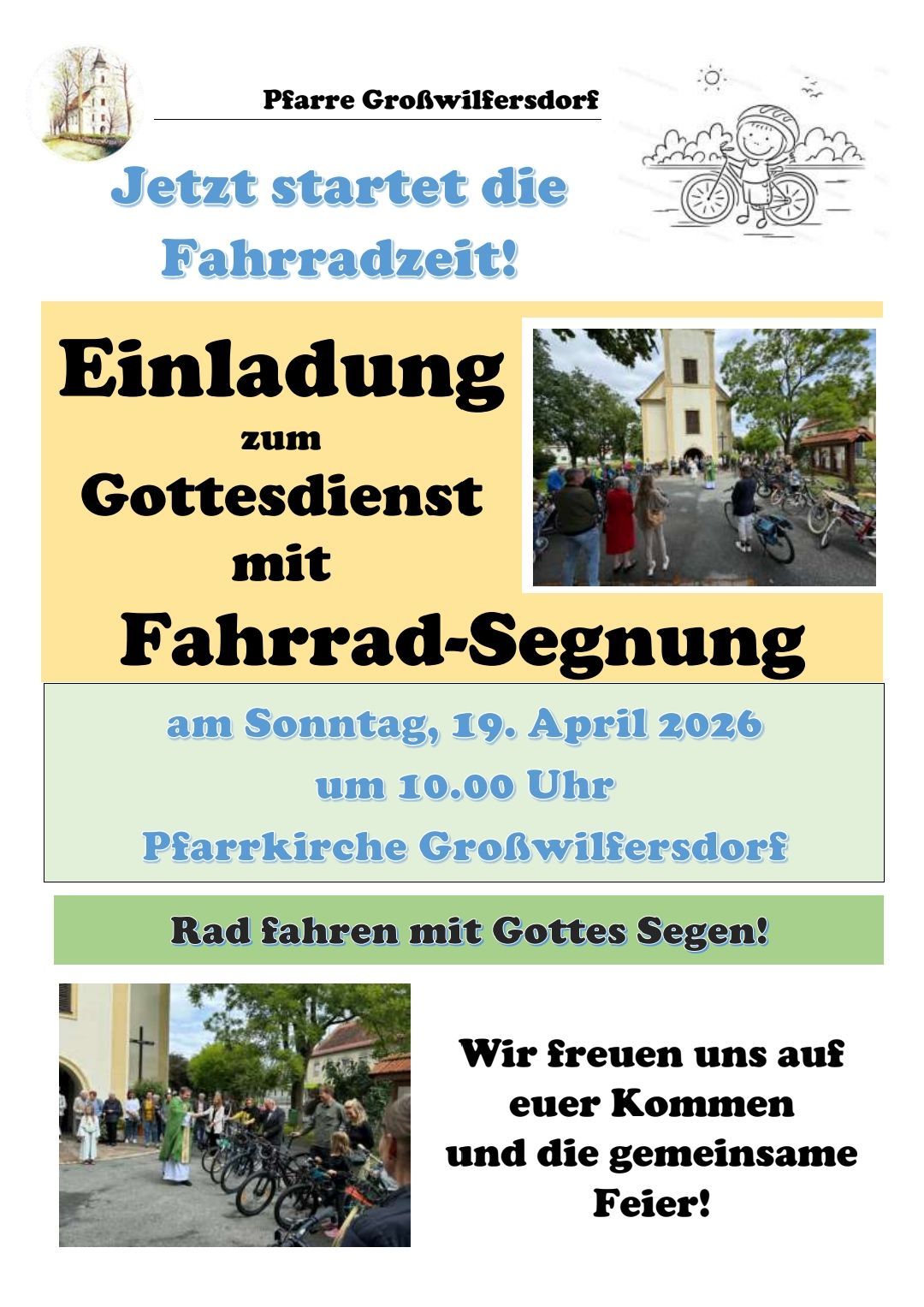 An invitation to a Sunday service with a bicycle procession on April 19, 2026, at 10 AM at Pfarrkirche Grosswilfersdorf. Join us for a ride with God's blessing.