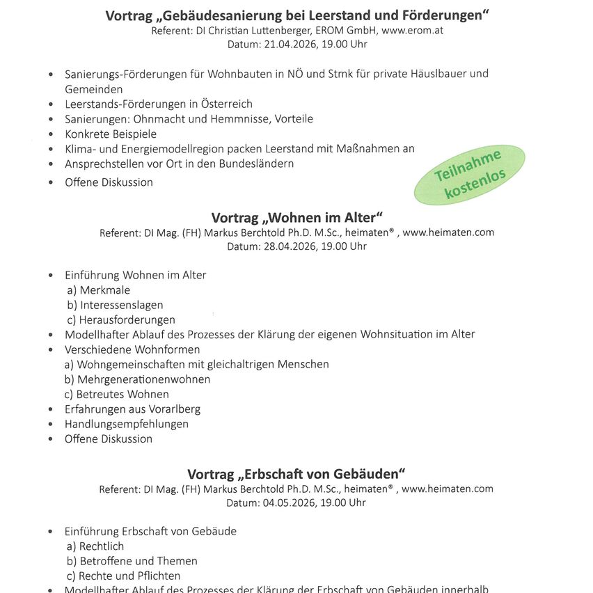 Presentation on building maintenance at standstill and damage. Speaker: Christian Luttenberger, EROM GmbH, www.erom.at. Date: 21.04.2026, 19:00. Sani..