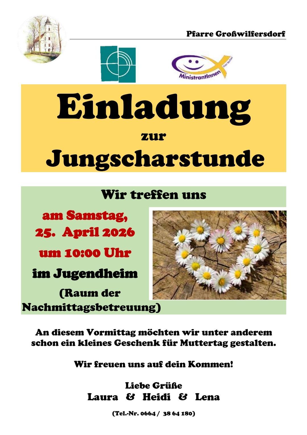 An invitation to a young choir meeting on Saturday, April 25, 2026, at 10:00 AM in the youth home. A small gift for Mother's Day will be presented. Looking forward to your visit.