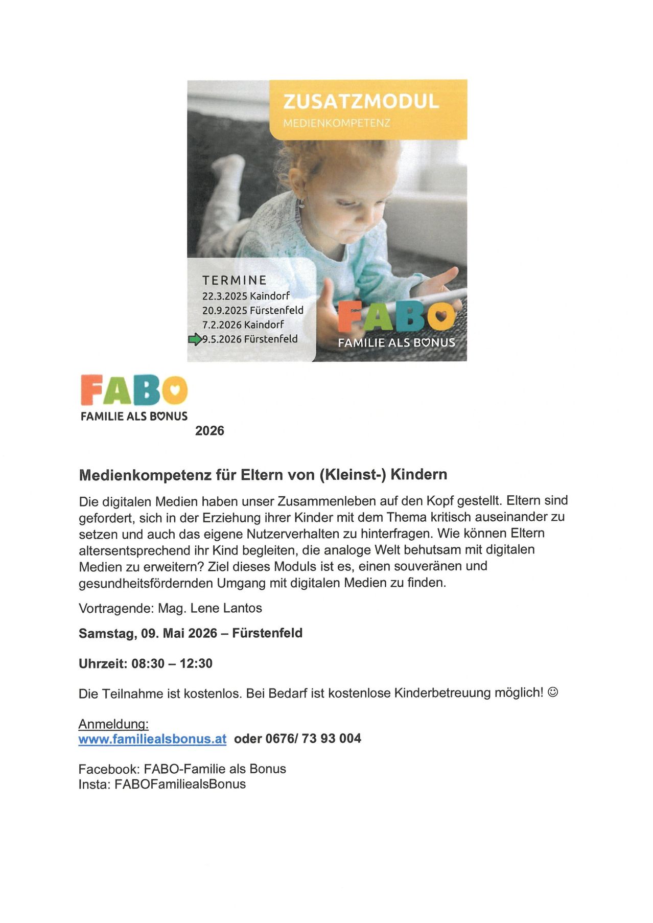Poster with baby using a tablet, announcing 'Termine'. Dates and locations include Kaindorf, Furstenfeld, and Kainsdorf. An event titled 'Familie als Bonus 2026' is advertised. Description of media competence for parents of young children, with a focus on critical engagement with digital media. A lecture by Mag. Lene Lantos is scheduled for May 9, 2026.