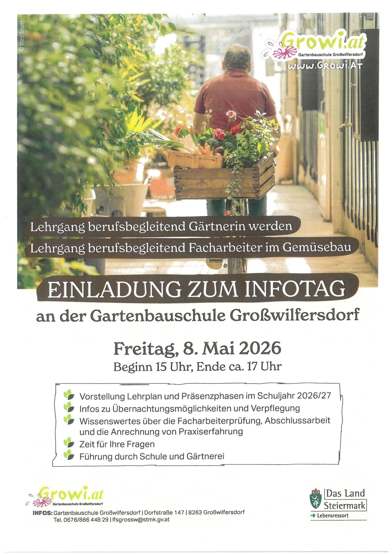 A poster invites to an information day at the garden school in Grosswilfersdorf. The event is on May 8, 2026, starting at 3 pm and ending around 5 pm. It features a gardener carrying a basket of plants.
