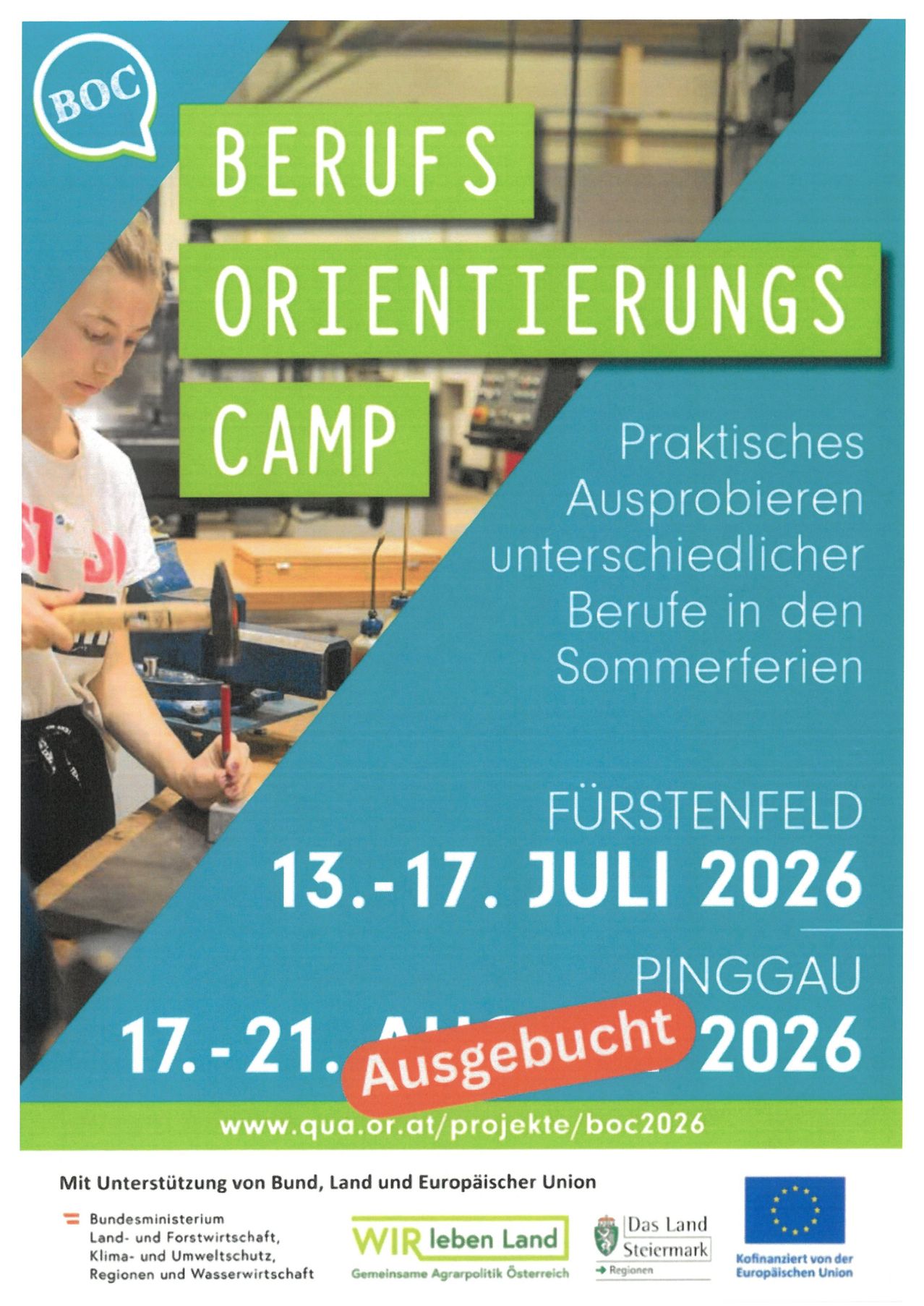 Poster for an orientation camp. A girl is hammering something. Dates are July 13-17, 2026, and July 17-21, 2026.