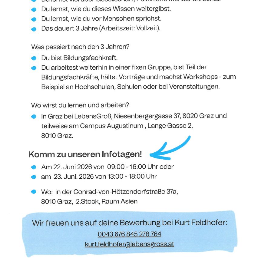 A flyer for a vocational training program. It lists learning outcomes and working in a group. It also includes the location, date, and contact information.