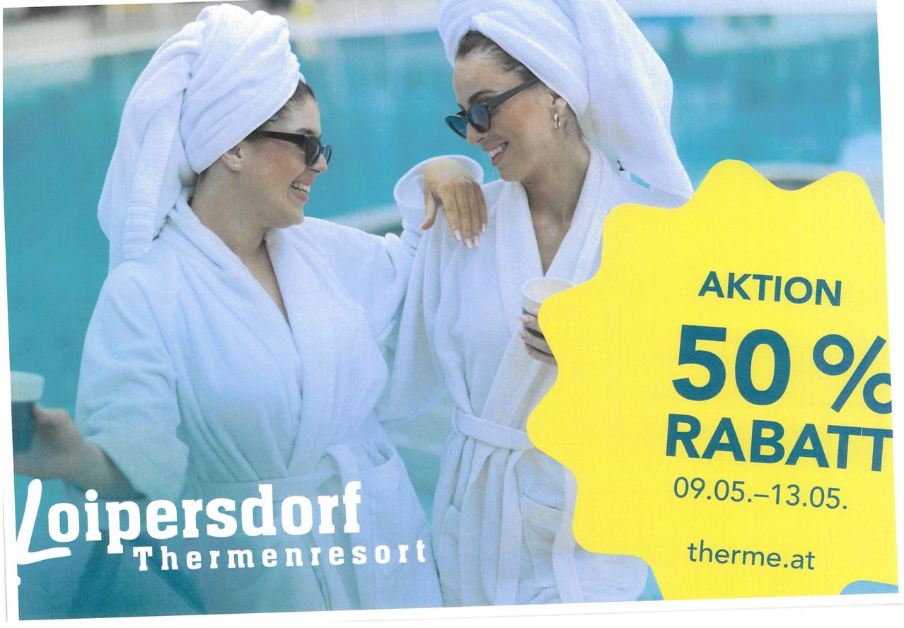 Two women in bathrobes near a pool, smiling and looking at each other. A yellow circle with text '50% RAB' and '09.05.-' is on the right. Below is 'Thermenresort'.