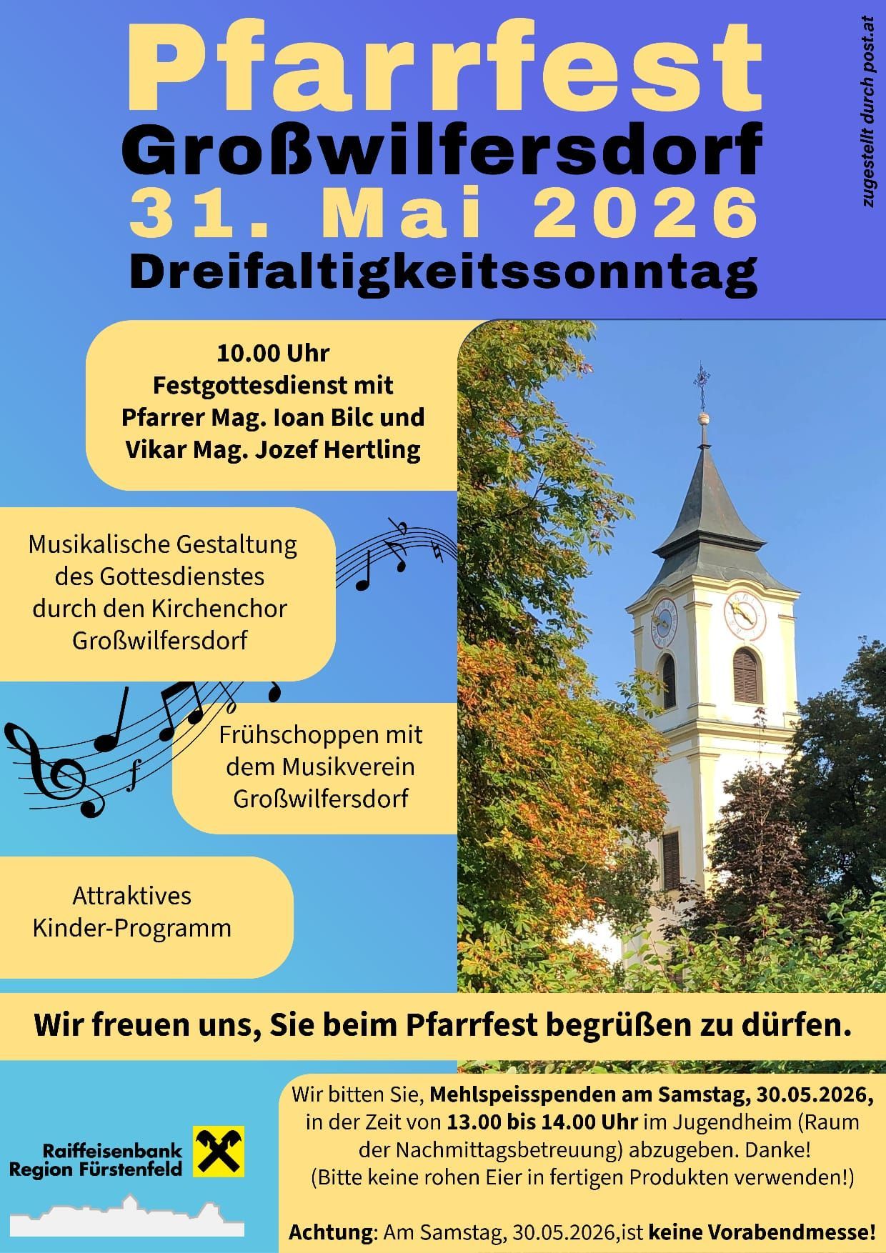 Plakat für ein Kirchenfest am 31. Mai 2026. Enthält Details über den Gottesdienst, die musikalische Darbietung und eine Einladung für Besucher.