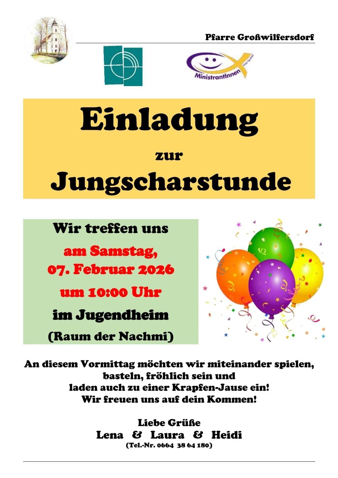 Einladung zur Jugendstunde am Samstag, 07. Februar 2026 um 10:00 Uhr im Jugendheim. Mit Luftballons und festlicher Gestaltung.