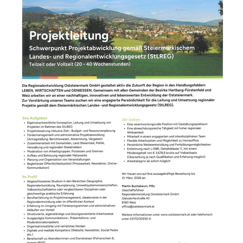 Das Dokument ist eine Stellenausschreibung für einen Projektmanager für regionale Entwicklung in der Steiermark, Österreich. Die Rolle beinhaltet die Verwaltung von Projekten, die mit dem Steirischen Landes- und Regionalentwicklungsgesetz übereinstimmen. Aufgaben umfassen Projektkonzeption, -planung, -durchführung und -kommunikation. Anforderungen sind ein Abschluss in relevanten Bereichen, Erfahrung in der Projektverwaltung und Deutschkenntnisse.
