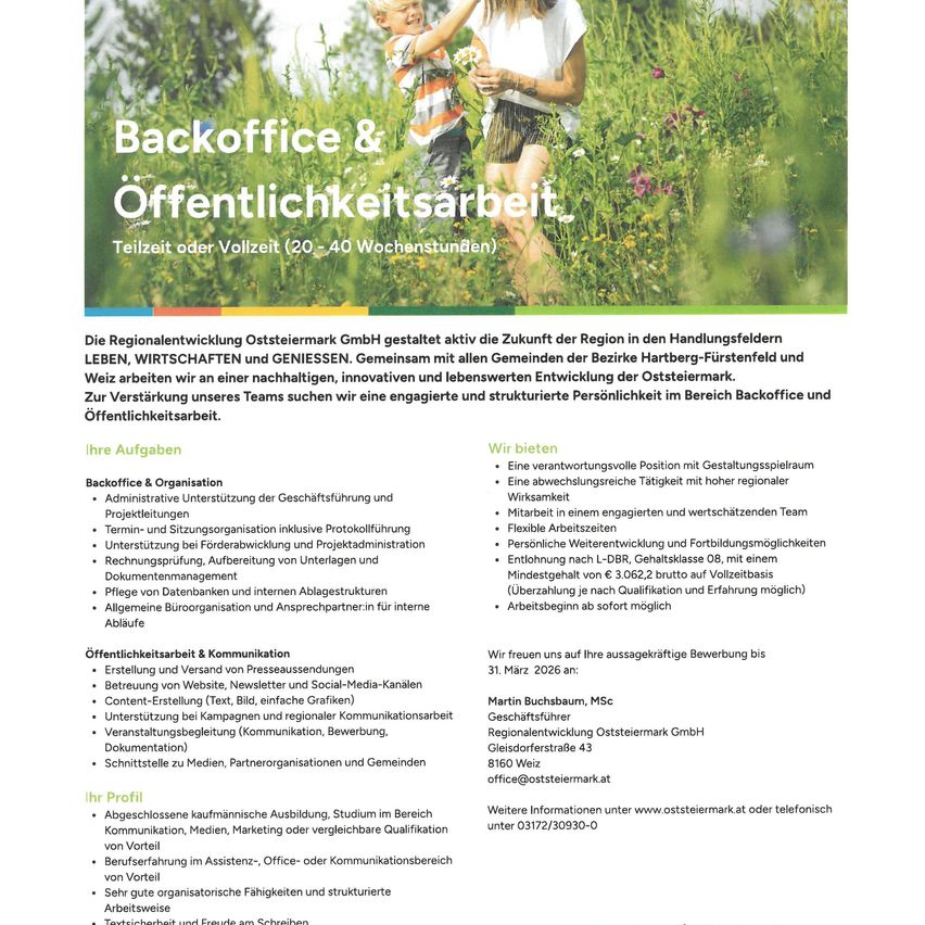 Stellenausschreibung für Backoffice- und Öffentlichkeitsarbeitspositionen. Vollzeit oder Teilzeit (20-40 Wochenstunden). Administrative Unterstützung und Projektmanagement. Inhaltserstellung und Website-Management. Bewerbungen offen bis 31. März 2022.
