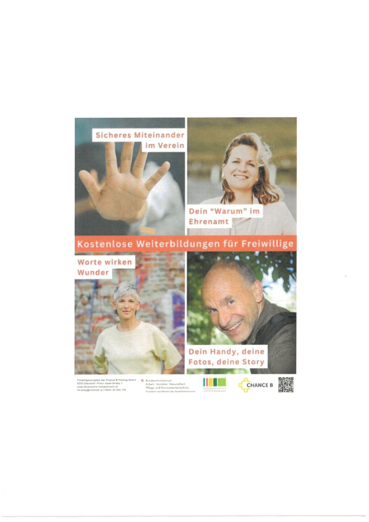 Ein Broschürenblatt mit Bildern von Händen, einer lächelnden Frau und einem Mann mit Rucksack. Text: 'Sicheres Miteinander im Verein', 'Dein Warum', 'Warum' und 'Worte wirken Wunder'. QR-Code und Website-Info unten.