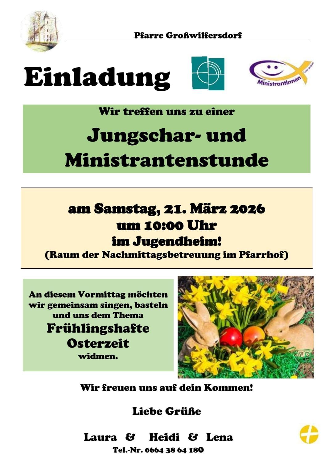 Ein Einladungsposter für ein Treffen von Jugendchor und Server am Samstag, 21. März 2026, um 10:00 Uhr im Jugendheim. Das Poster zeigt einen floralen Hintergrund mit Kaninchen und Ostereiern. Die Veranstaltung beinhaltet Singen, Basteln und widmet den Tag dem Frühling und Ostern.