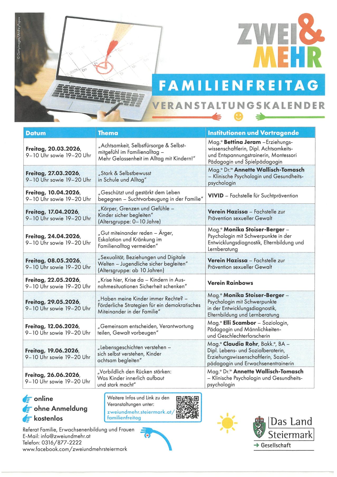 Veranstaltungskalender für Familienfreitag. Eine Reihe von Veranstaltungen mit Themen wie Selbstfürsorge, Sexualität, digitale Beziehungen und mehr. Verschiedene Institutionen und Referenten beteiligt. Online-Registrierung verfügbar.
