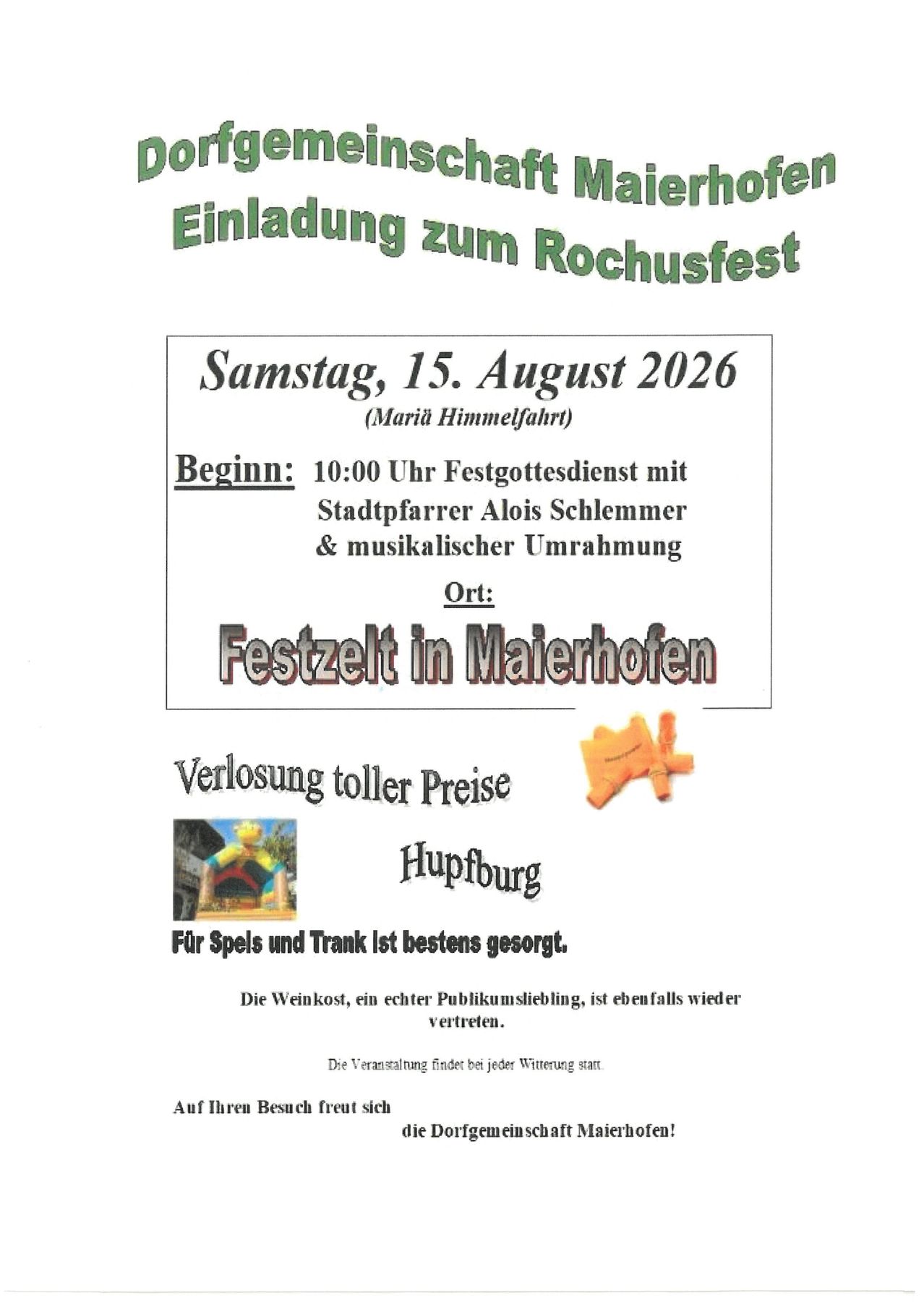 Einladung zum Rochufest am Samstag, 15. August 2026, Beginn um 10:00 Uhr mit einem Gottesdienst und musikalischer Unterhaltung. Der Ort ist Maierhofen.